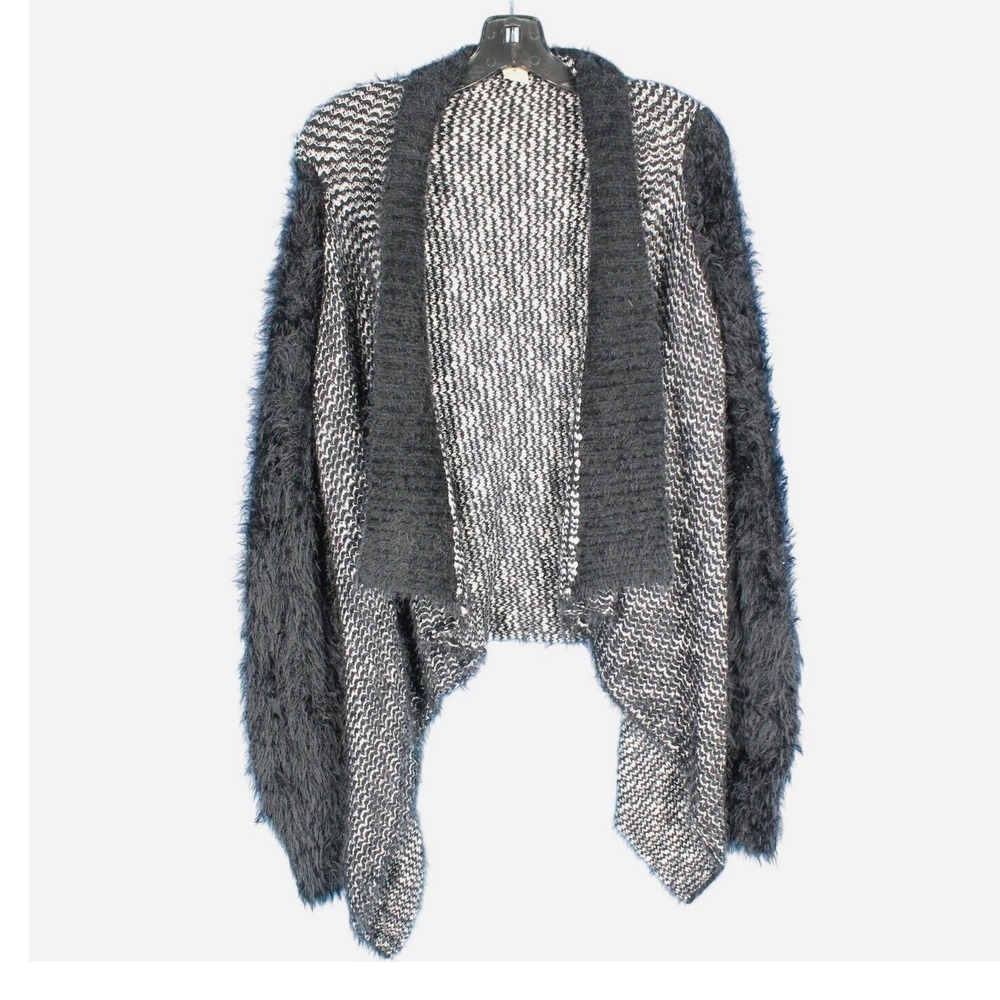 ESCIO Black/White FUZZY EYELASH Open Front DRAPPED Knit Sweater CARDIGAN Sz M